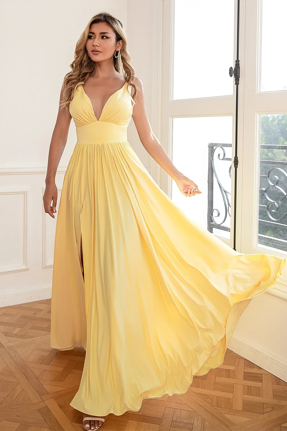 Abito da ballo lungo giallo classico con scollo a V e scollo a V con spacco sul davanti