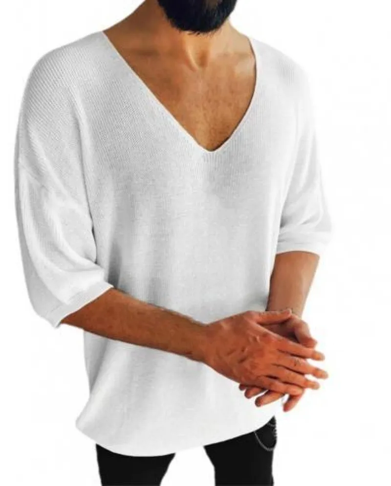 Autunno Uomo Pullover Top Mezza Manica Tinta Unita Muscolo Torace Sottile V Ne