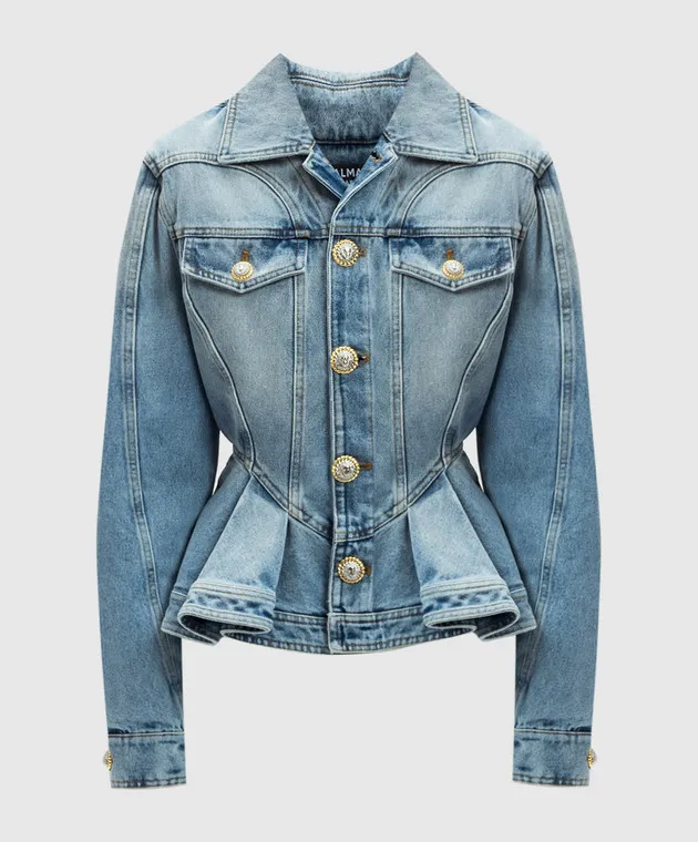 Balmain Giubbotto in denim blu con effetto invecchiato DF1SI560DE53