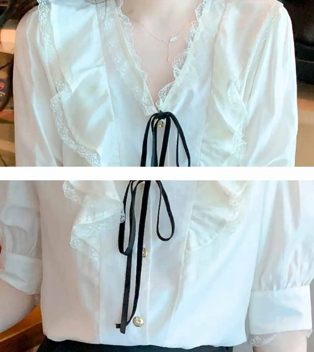 Camicetta di pizzo dolce estate Camicetta con maniche a sbuffo con scollo a V Camicie di chiffon francese per donna Casual Ladie