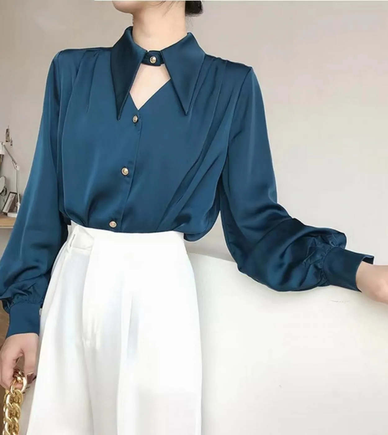 Camicie bianche chic alla moda da donna Camicetta da donna elegante da ufficio Camicetta da donna autunno colletto rovesciato ma
