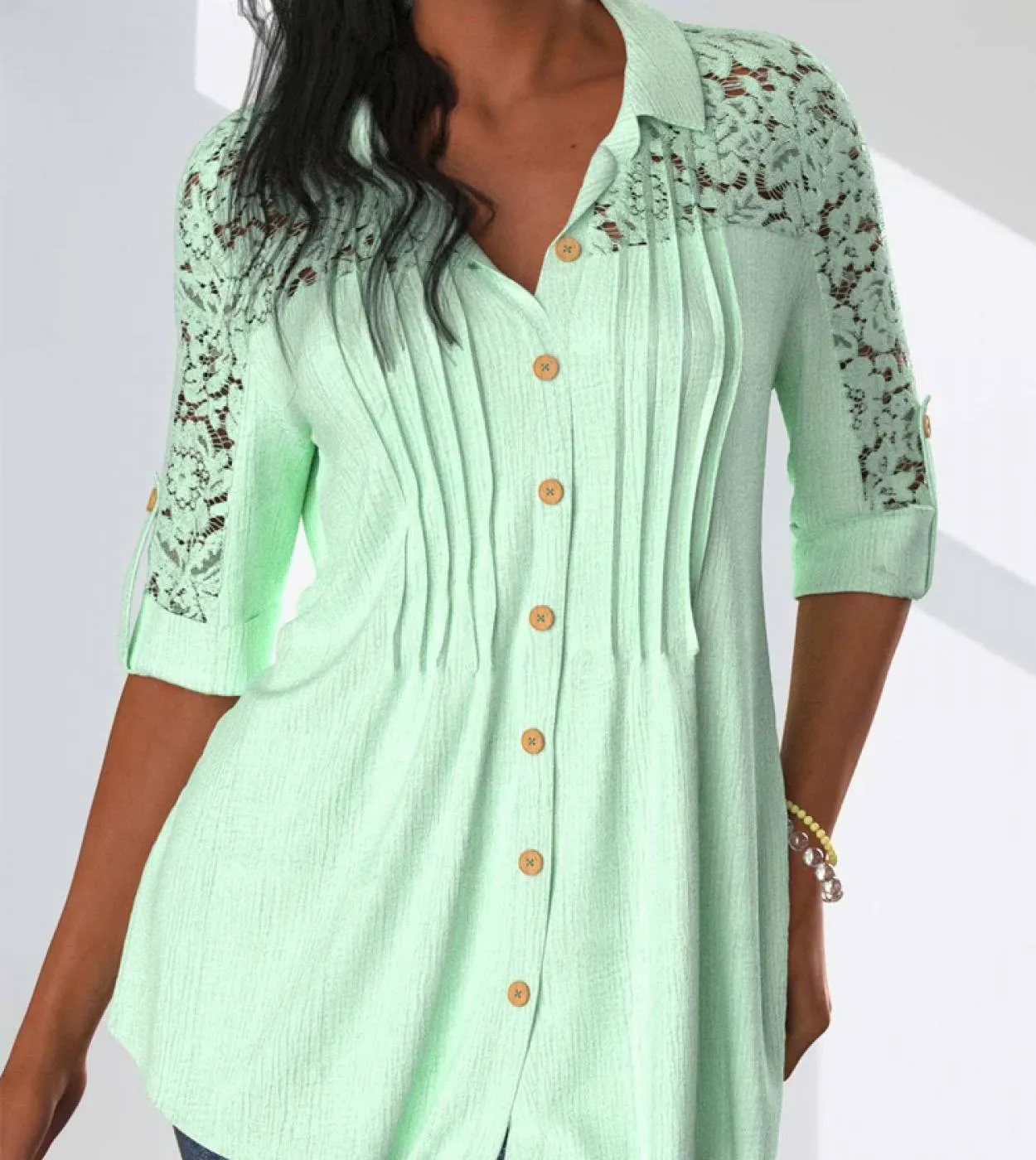 Elegante camicetta a mezza manica con cuciture in pizzo Moda donna Estate Scava fuori Camicie lunghe pieghettate 2023 Blusas bia