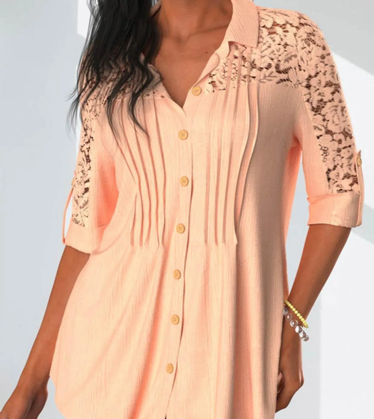 Elegante camicetta a mezza manica con cuciture in pizzo Moda donna Estate Scava fuori Camicie lunghe pieghettate 2023 Blusas bia