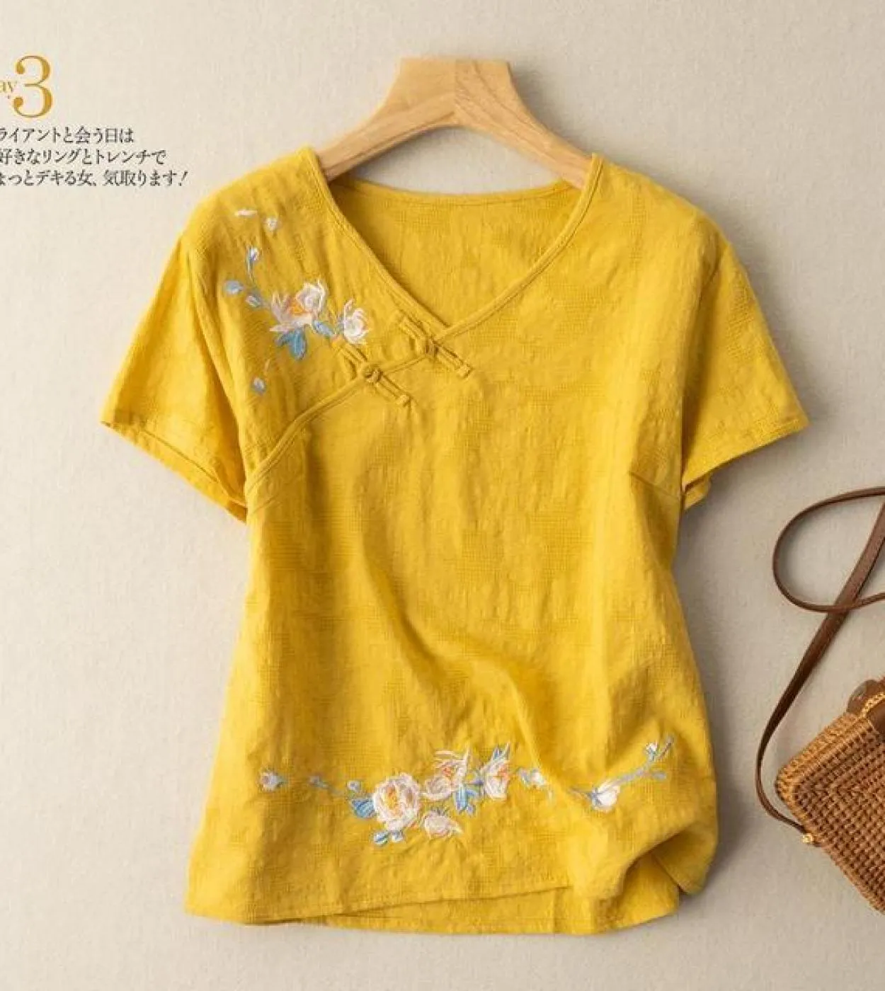 Nuovo arrivo estate donna Vneck manica corta camicetta pulsante design floreale ricamo cotone lino camicie casual W525 Wom