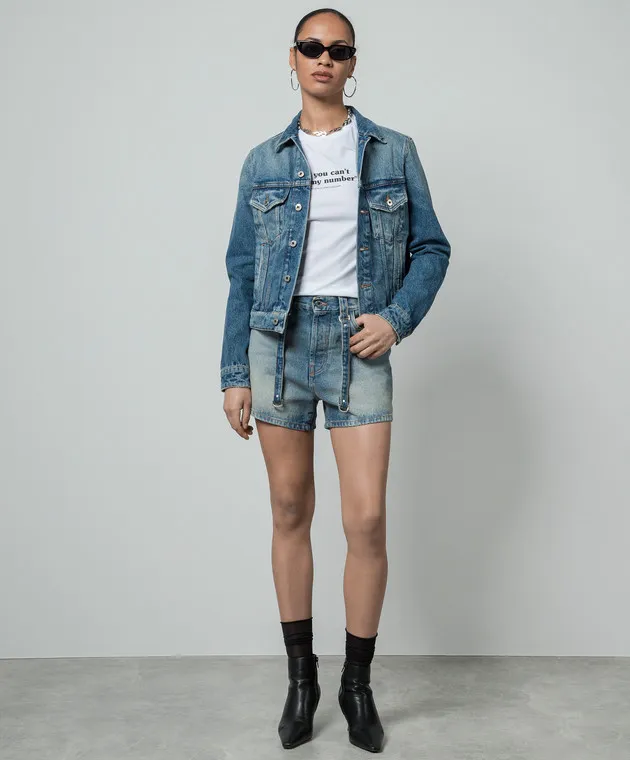 Off-White Giubbotto in denim blu con effetto invecchiato OWYE012C99DEN006