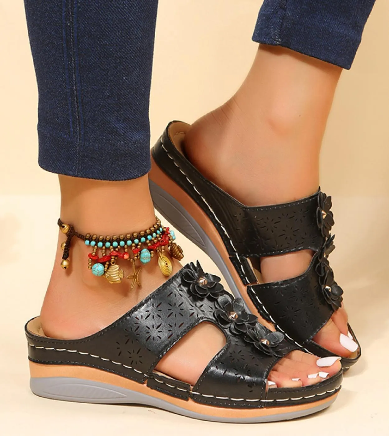 Sandali da donna con zeppa e plateau con fiori, estivi, casual, con supporto per l'arco plantare, pantofole da spiaggia, comodi