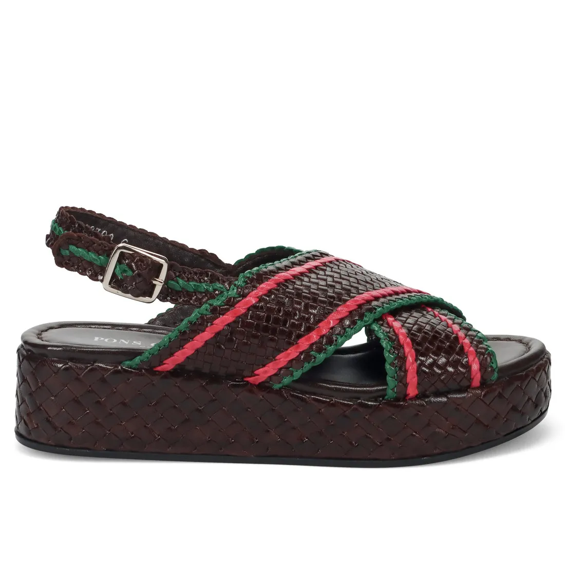 Sandalo Pons Quintana Forlì platform in pelle intrecciata marrone, rosa e verde