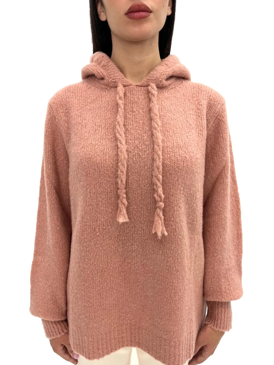 SOLOTRE   MAGLIA ROSA CON CAPPUCCIO IN MISTO CASHMERE E LANA OVERSIZE