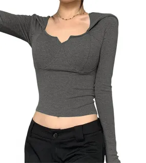 Tetyseysh T-shirt slim fit con cappuccio da donna  T-shirt a maniche lunghe a maniche lunghe Camicie a tinta unita Primavera