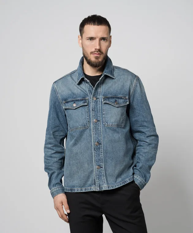 Tom Ford Giubbotto in denim blu con effetto invecchiato DJR002DMC042S24