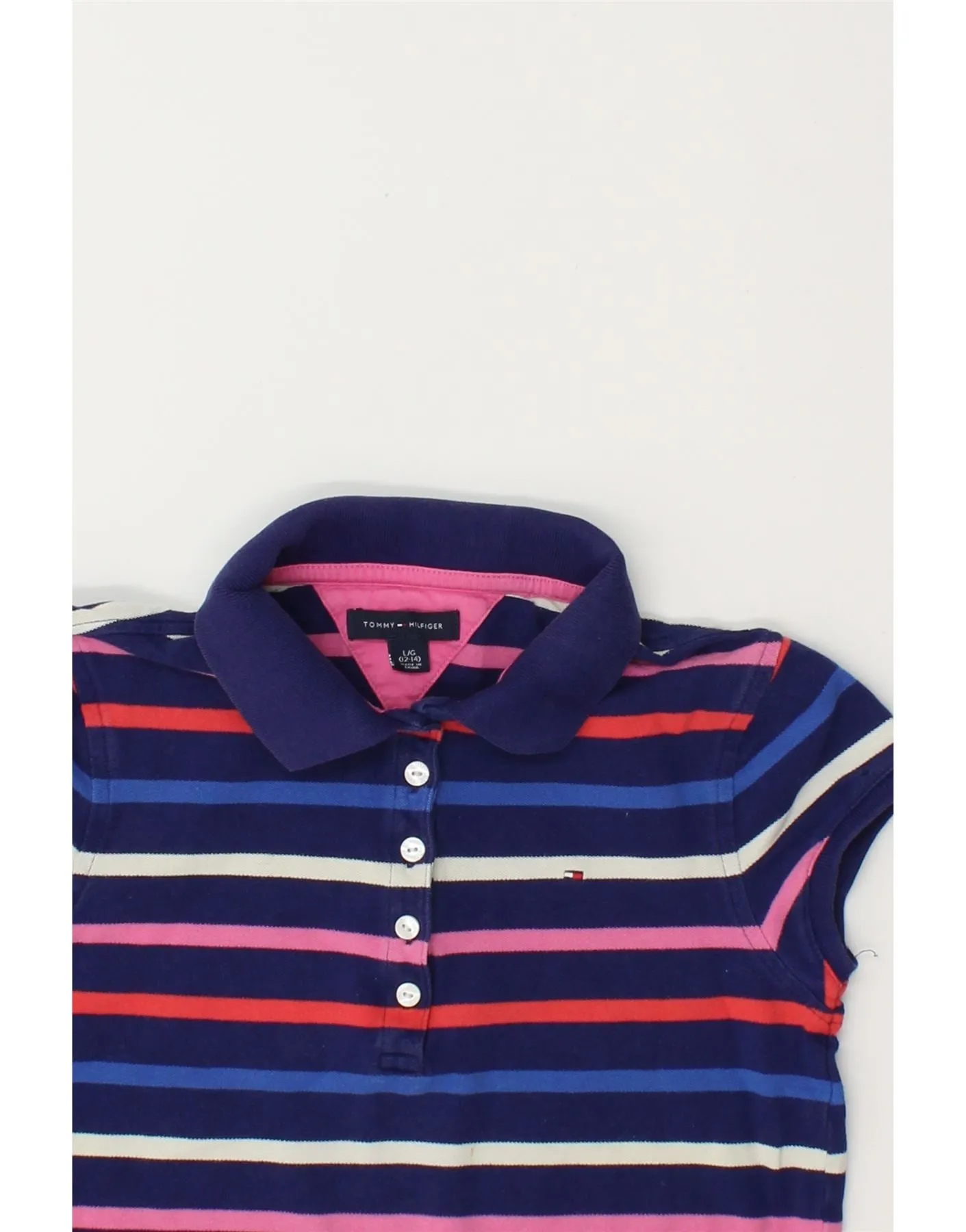 TOMMY HILFIGER Girls Polo Dress 12-13 Years Large Navy Blue Striped Cotton
